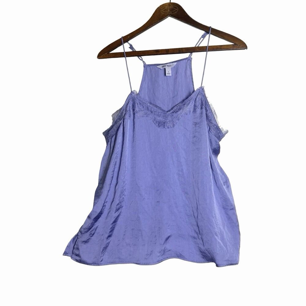 Lace V-Neck Racerback Spaghetti Straps Camisole Nine West Womens L Y2K Style Blu